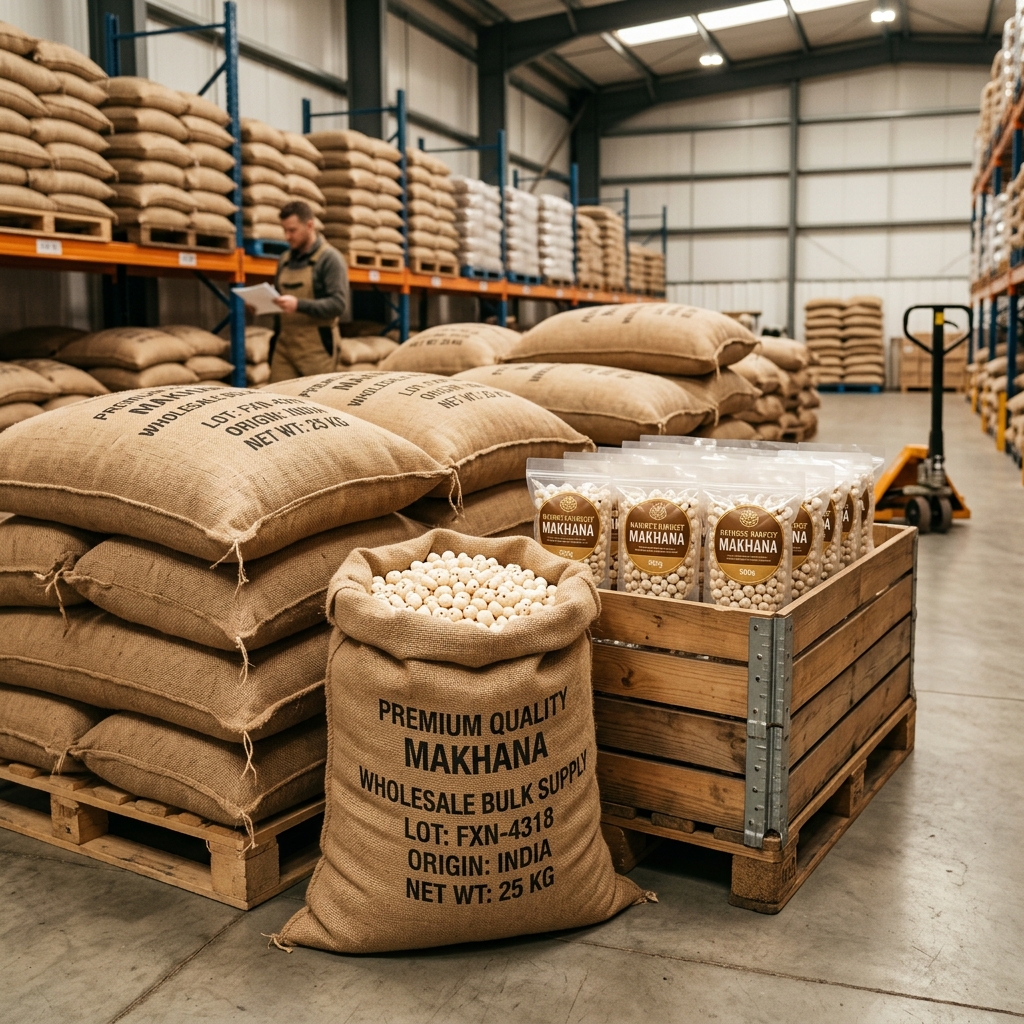 Bulk makhana sacks in warehouse